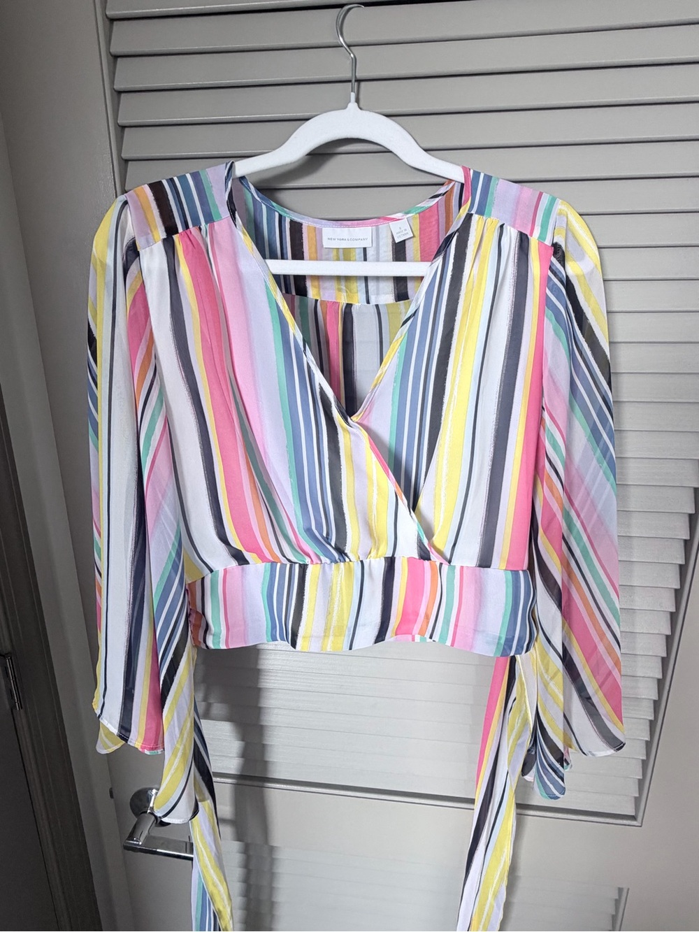 New York & Company Striped V-Neck Wrap Crop Top - Size S